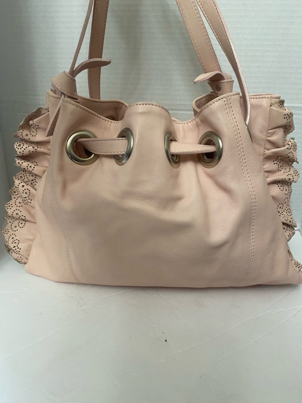 Roberta Gandolfi Pink Drawstring Shoulder Bag Side Ruffles Silver Hardware